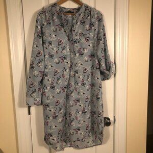 Baby Blue Floral Shirt Dress Roll-Tab Sleeve Sz Medium Cottage Feminine Romantic
